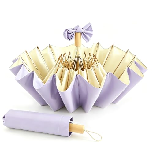Sun Umbrella UV Protection Cute Windproof Walking Parasol for Women - color: Purple & Beige
