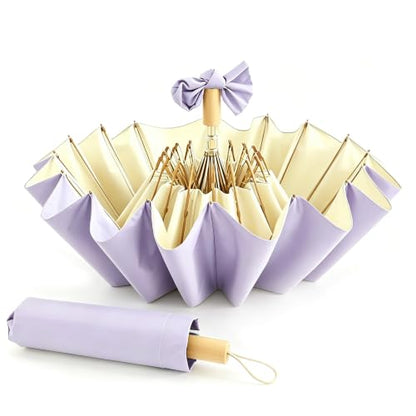 Sun Umbrella UV Protection Cute Windproof Walking Parasol for Women - color: Purple & Beige