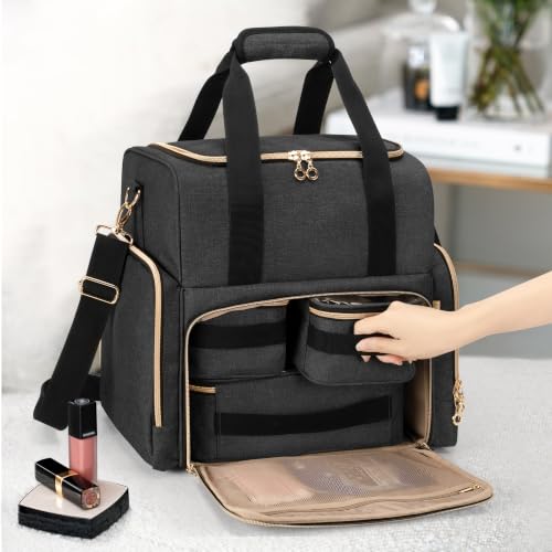 LUXJA Large Travel Makeup Bag with 3 Removable Makeup Cases, Black - color: Black