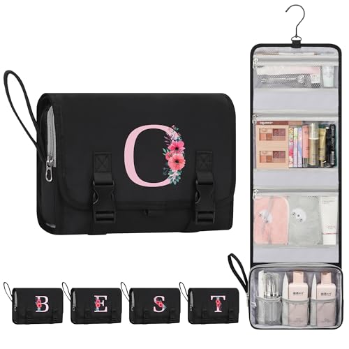 Relavel Travel Hanging Toiletry Bag with Hanging Hook for Women Teens, O | Initial Makeup Bag, Large Foldable Toiletries Bag for Full-Sized Shampoo, Conditioner, Brushes Set, Makeup Accessories - style: O