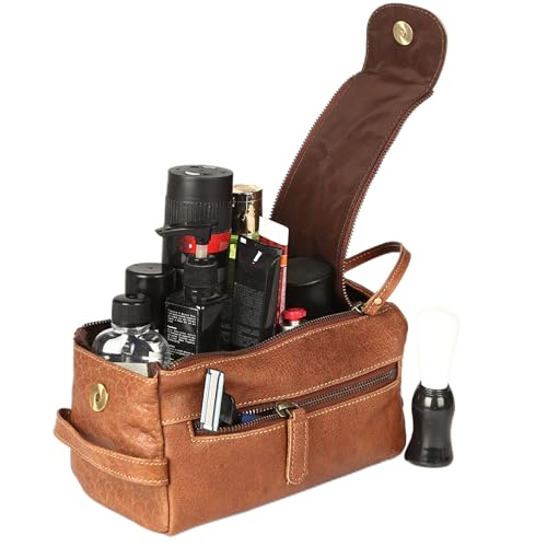 KomalC Buffalo Leather Toiletry Bag for Men & Women, Travel Pouch - color: Chicago Buff