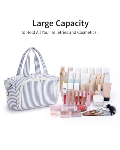 Narwey Travel Toiletry Bag for Women, Large Makeup Cosmetic Organizer Bag - color: Y-Greyish Blue Stripe