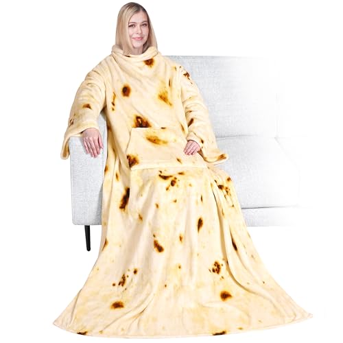 PAVILIA Blanket with Sleeves for Adult Women Men, Soft Warm Wearable Blanket Fleece Wrap Throw, Robe Blanket Gift - color: Burrito Beige