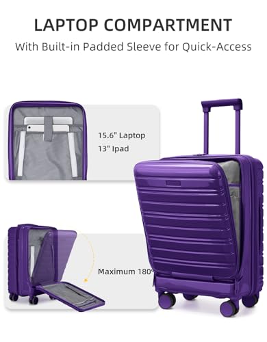 LARVENDER Carry On Luggage 22x14x9 Airline Approved, Suitcases with Wheels - color: Purple - Front Open