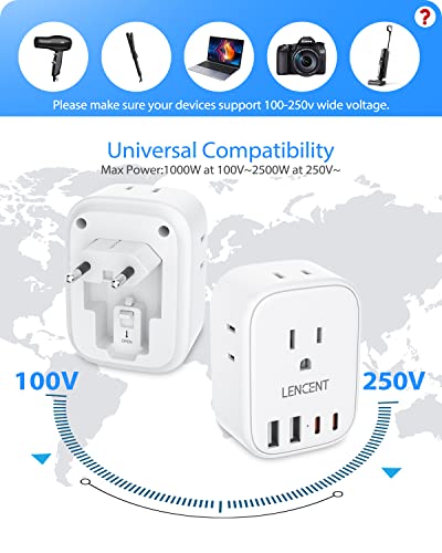 LENCENT Foldable European Travel Plug Adapter, US to Europe Type C Adapter - style: Type C-2Pack-Most of Europe