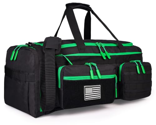 LHI 50L Tactical Duffle Bag for Men, 3-in-1 Gym Duffle and Backpack, Shoe Compartment, Laptop Sleeve and MOLLE, Carry-On Travel Weekender and Overnight Bag – Black with green zippers - color: Black Green