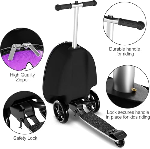 Baotree Scooter Suitcase for Kids, 2 in 1 Ride-on Luggage with Flash PU Wheels, Adjustable Handle & TPR Non-Slip Grip, Foldable & Lightweight, Ages 5-12 - color: Purple