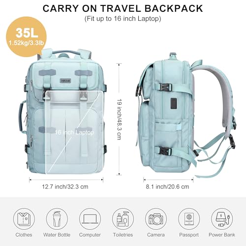 PIJUSHI Travel Backpack Carry On Backpack for Airplanes 35L Fits 16" Laptop - color: Teal Blue