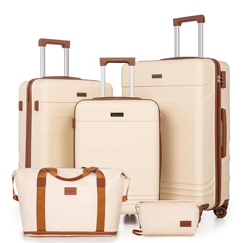 Cobens Luggage Sets 5 Piece with Spinner Wheels, 20/24/28inch - color: Beige