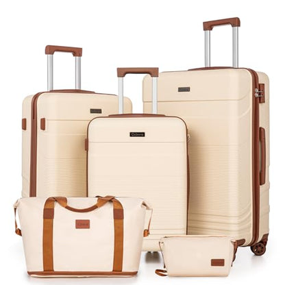 Cobens Luggage Sets 5 Piece with Spinner Wheels, 20/24/28inch - color: Beige