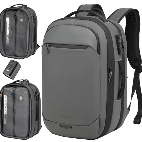 45L Travel Backpack with Vacuum Compression System Fits 16" Laptop | Expandable Carry On Backpack with Pump, Water Resistant, TSA Lock, Vacuum Backpack for Travel & Business - color: Gray B