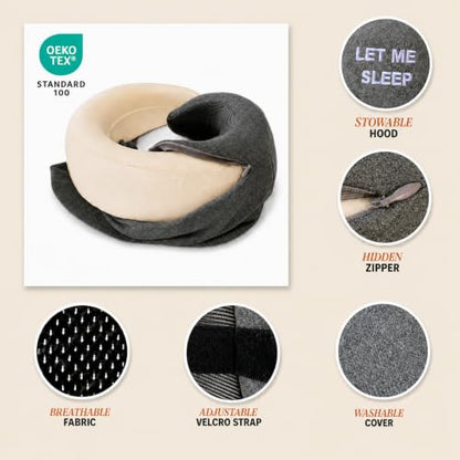 sleepfly Travel Neck Pillow with Hood - Travel Essentials Kit : Hooded Pillow, Eye Mask, Silicone Earplugs & Storage Bag - Ergonomic Memory Foam Neck Support for Airplane