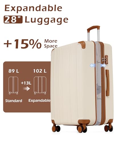 Coolife Luggage, Lightweight and Durable Hardshell, 28 in, apricot white | Checked Suitcase with ABS Hardshell, 360° Dual Spinner Wheels, TSA Lock, YKK Zipper, Aluminum Handle, and 15% Expansion - color: apricot white, size: L(28in)