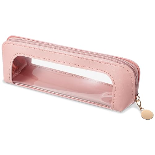 Pink Makeup Brush Travel Bag, PU Leather Clear Makeup Bag Travel Makeup Brush Holder Toiletry Bag with Zipper, Portable Cosmetics Makeup Bag Purse Organizer for Women - color: Pink