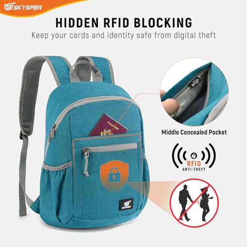 SKYSPER Anti Theft Hiking Backpack, 18L RFID Packable Travel Daypack, Lightweight Foldable Back Pack for Walking Daytrip - color: Cyan, size: Small