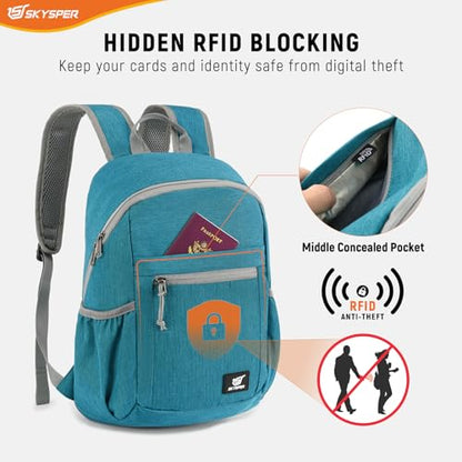 SKYSPER Anti Theft Hiking Backpack, 18L RFID Packable Travel Daypack, Lightweight Foldable Back Pack for Walking Daytrip - color: Cyan, size: Small