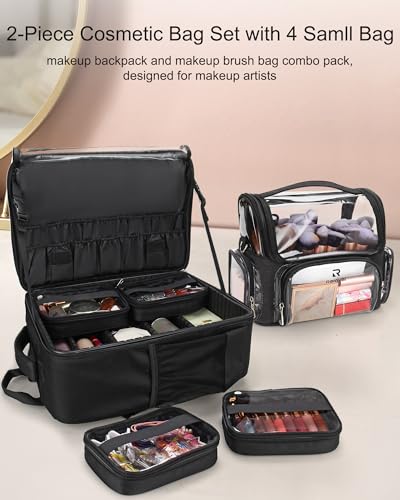TANTO Makeup Backpack, Pro Cosmetic Bag with 4 Pouch & Makeup Brush Case - color: Black+X Large Makeup Brush Bag