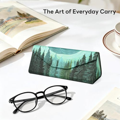 Sunglasses Case, Foldable Glasses Case, Magnetic PU Leather Hard Shell Folding Eyeglass Holder Box - color: Green Forest
