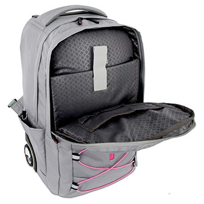 J World New York Lash Rolling Backpack. Laptop Bag With Wheels. Wheeled Carry-On Travel Luggage - color: Grey/Pink