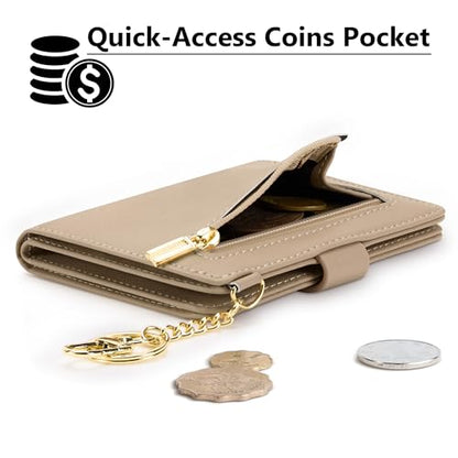 Airkit Small Wallet Women RFID, PU Leather Card Holder with Keychain - color: Khaki