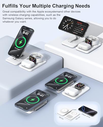 3 in 1 Magnetic Wireless Charger for Apple Multiple Devices, Foldable Fast Charging Station - Magsafe Charger Stand, Travel Charger Pad for iPhone 17 16 15 14 13 12 Series/Apple Watch/AirPods Pro - size: 1 Pack White
