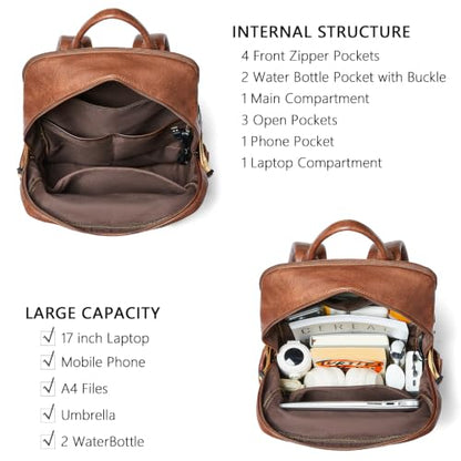 Leather Laptop Backpack for Women Fits 17" Laptop, with RFID Wristlet Purse - color: Brown