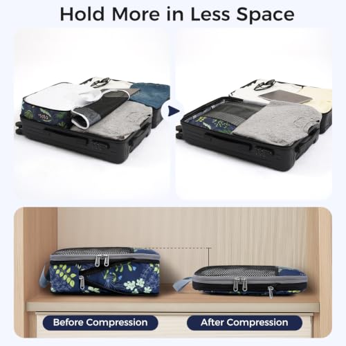 BAGAIL 4 Set/6 Set/8 Set Compression Packing Cubes Travel Accessories Expandable Packing Organizers (Half Mesh, 6-Navy Leaf) - color: 6-Navy Leaf, style: Half Mesh