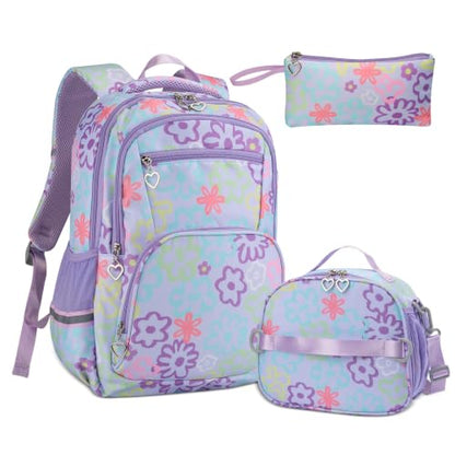 Rexmore Girls 3Pcs Backpack Set with Lunch Box & Pencil Case, Purple - color: Purple