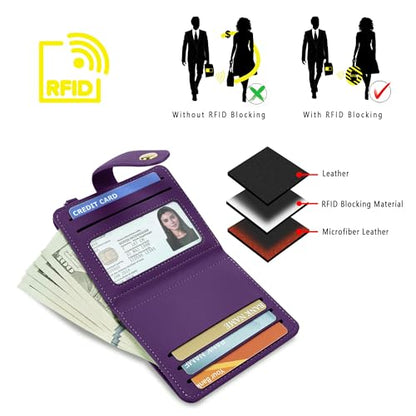 Airkit Small Wallet Women RFID, PU Leather Card Holder with Keychain - color: Purple