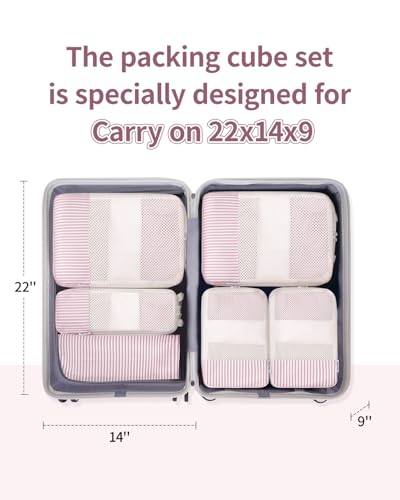 Narwey Compression Packing Cubes for Travel, Cute Luggage Organizer Bags - color: ZY-Dusty Pink Stripe