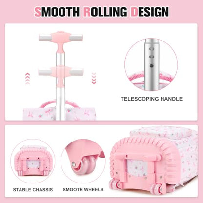 ACESAK Rolling Backpack for Girls with Lunch Bag & Pencil Pouch - color: Pink Bow