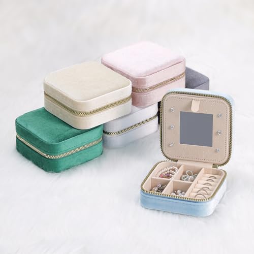Plush Velvet Travel Jewelry Case Organizer Portable Storage Box - color: Light Blue
