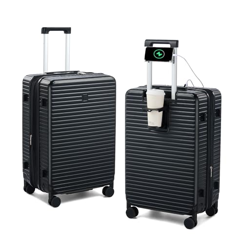 HanTrip Hard Case 24 Inch Expandable Check in Luggage with Wheels, Black - color: Black, size: Expandable 24 Inch