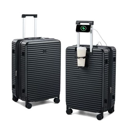 HanTrip Hard Case 24 Inch Expandable Check in Luggage with Wheels, Black - color: Black, size: Expandable 24 Inch