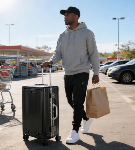 feilario PC Hardside Carry On Luggage, Aluminum Frame, TSA Lock, Cup Holder - color: A2-Jet Black (zipperless closure), size: 22.5"