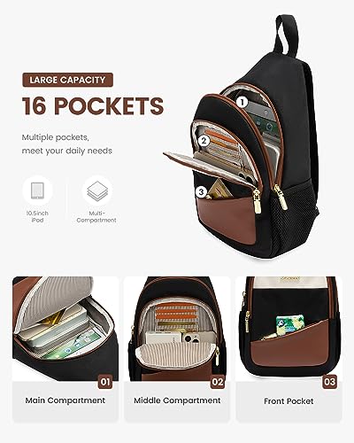 LOVEVOOK Sling Bag for Women, Convertible Sling Backpack Crossbody Bags - color: Brown-white-black