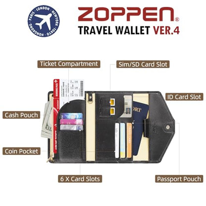 ZOPPEN Passport Holder, Rfid Blocking Passport Wallet (Ver.4) Travel Essentials for Flying Tri-fold Document Organizer Holder, Black 1