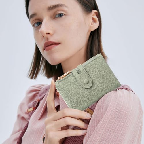 FALAN MULE Small Wallet for Women Leather RFID Blocking Wristlet Bifold Card Holder with Double Zipper Pockets - color: R-Light green