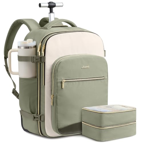 LOVEVOOK Rolling Backpack for Women, 40L Carry On with Wheels, 15.6'' - color: Light Green-beige-olive Green, size: 56L-3Pcs-Luggage