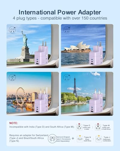 BEONDON Universal Travel Adapter 25W USB-C PD Charger Worldwide Plug - color: Purple-25