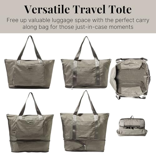Baggallini Carryall Expandable Lightweight Travel Tote 22" Packable Folding Compact Nylon Washable Weekender w/Luggage Sleeve - color: Sterling Shimmer