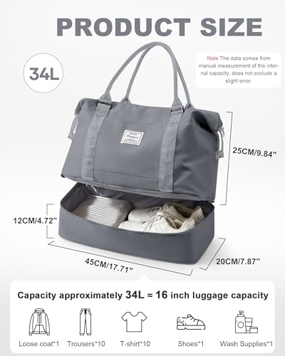 Travel Duffel Weekender Bag Women Tote Carry On Bags With Shoe Compartment - color: H10-SlateGrey, size: Large