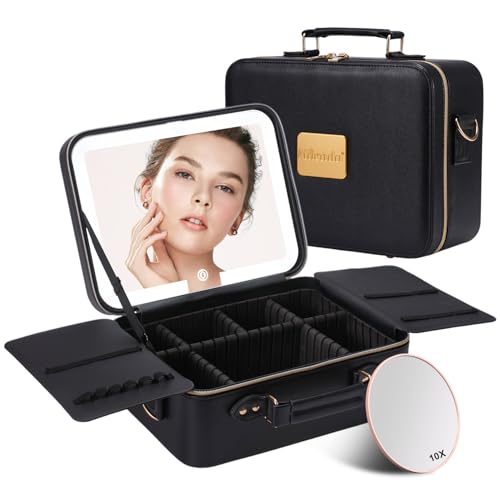 Mocado Travel Makeup Bag with Mirror Makeup Case with Brushes Dividers - color: Black with Hard Leather