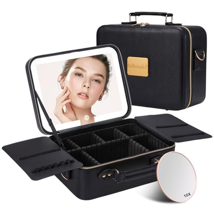 Mocado Travel Makeup Bag with Mirror Makeup Case with Brushes Dividers - color: Black with Hard Leather