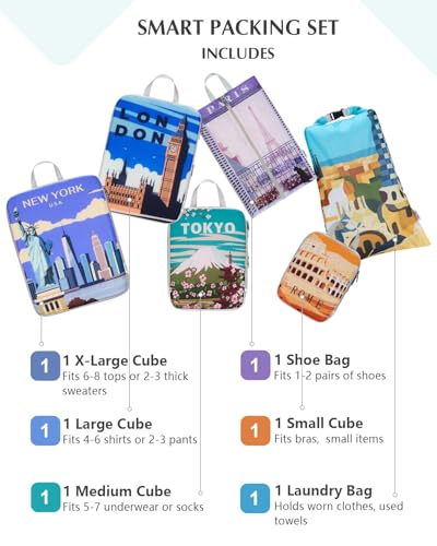 Gonex 6-Piece Compression Packing Cubes with Shoe & Laundry Bags | Unique Printed Design, Ripstop Fabric, Double-Zip Compression, Carry-On Friendly, Lightweight - color: 6-Urban Landscape, size: 6 Set