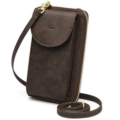 S-ZONE Small Crossbody Bags for Women Phone Purse RFID Blocking Wallet - color: Retro Coffee