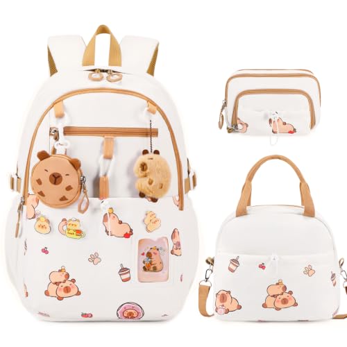 DIGOBAY Backpack for Girls, 5PCS School Bookbag with Lunch Box Pencil Case - color: White Brown