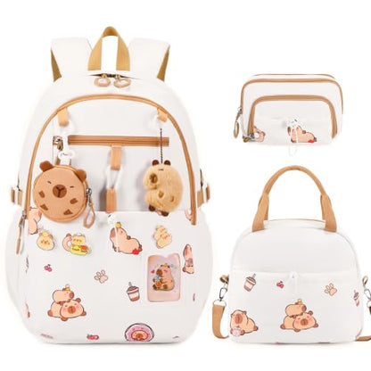 DIGOBAY Backpack for Girls, 5PCS School Bookbag with Lunch Box Pencil Case - color: White Brown