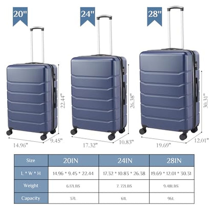 OLIXIS 3-Piece Luggage Set, Carry On Suitcases with Spinner Wheels, Expandable Travel Luggage with TSA Approved Lock & ABS Hard Shell, Blue, 20/24/28 Inch - color: Blue, size: 20/24/28IN