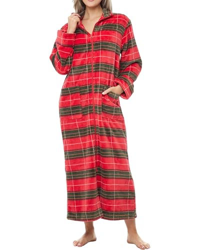 Women's Long Sleeve Plush Fleece Zip Up Robe, Zipper Bathrobe - color: Autumn Harvest Plaid, size: 2X